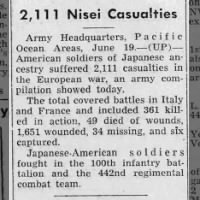 European theater casualty numbers for 100th Infantry Battalion and 442nd Regimental Combat Team
