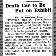 Bonnie & Clyde's death car on exhibit in Topeka, 1934.