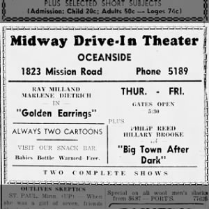 Early ad for Oceanside's Midway, later to be known as the Vista Drive-In.