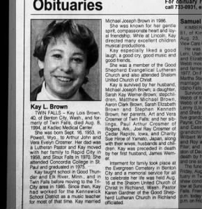Obituary for Kay Lois Brown, 1953-1994 (Aged 40)