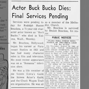 Funeral services pending for western movie actor Buck Bucko.