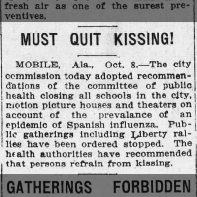 "Must Quit Kissing" (1918 flu pandemic)