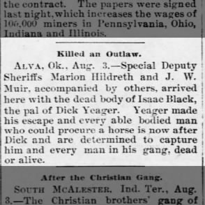 1895 Isaac Black dead body brought to Alva, OK