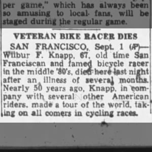 VETERAN BIKE RACER DIES
Wilbur F. Knapp