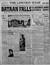 Newspaper front page headlines announcing the fall of Bataan peninsula to the Japanese