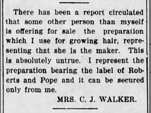 Madam C.J. Walker warns of imitations of Annie Malone's (