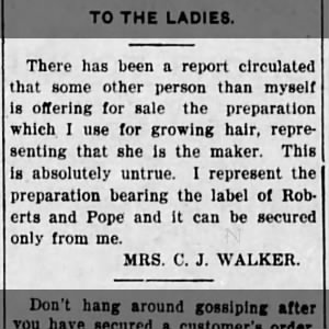 Madam C.J. Walker warns of imitations of Annie Malone's ("Roberts & Pope") hair products in Denver