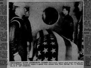 Roosevelt’s casket pictured with servicemen standing guard