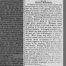 Confederate paper speculates Lincoln's death will cause overthrow of Northern abolitionists