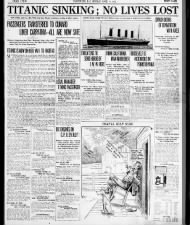 Early headlines of sinking of RMS Titanic; mistakenly reports 