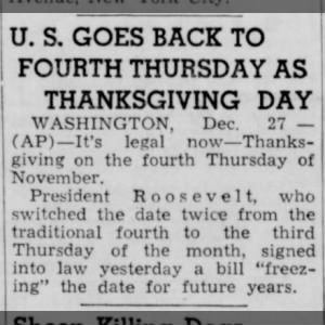 Roosevelt signs bill making Thanksgiving officially on fourth Thursday