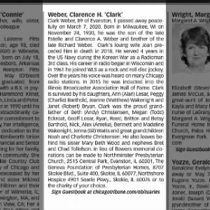 Obituary for Clark Weber, 1930-2020 (Aged 89)