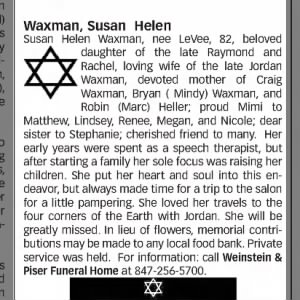 Obituary for Susan Helen Waxman (Aged 82)