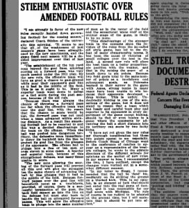 1912 Stiehm likes new rules, end zone
