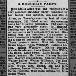 idella allen birthday party
parents--mr/mrs j allen
223 3rd st
15th bday (10 may 1892)