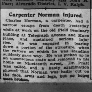 Charles Norman injured when tearing down old Field Seminary building
