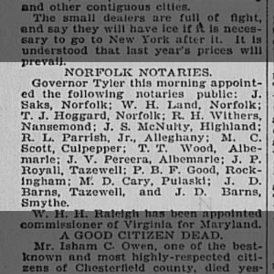 Atty. W.H. Land Appointed Notary Public by Governor Tyler...1900