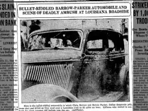 Photo of the bullet-riddled car Bonnie and Clyde were killed in