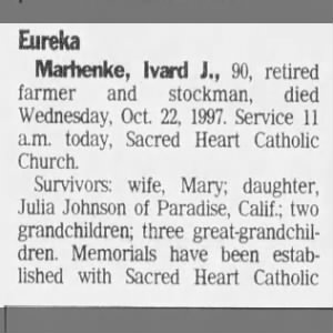 Obituary: Ivard J. Marhenke, 90, part 1