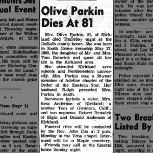 Obituary: Olive Parkin nee Renwick (Aged 81)