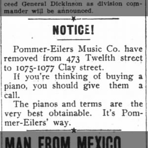 Pommer-Eilers Music -- moved from 12th St. to 1075 Clay St.