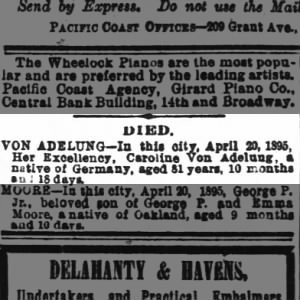 Obituary Caroline von Adelung, Oakland Tribune, 20 Apr 1895