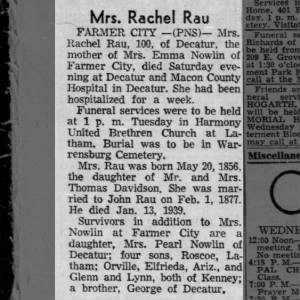 Obituary - Rachel Rau nee Davidson