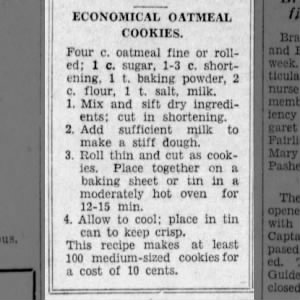 Recipe: Economical Oatmeal Cookies (1932)