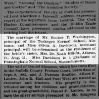 1886 marriage announcement for Booker T. Washington and Olivia Davidson