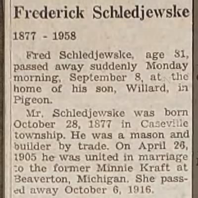 Frederick Schledjewske obituary - 