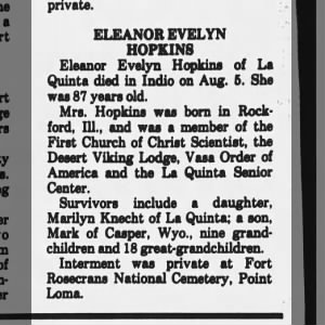 Obituary for ELEANOR EVELYN HOPKINS (Aged 87)