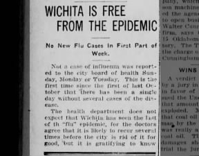 March 1919 newspaper article reports three days of no new flu cases in Wichita in March 1919