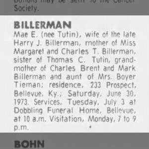 Obituary: Mae E. BILLERMAN nee Tutin
