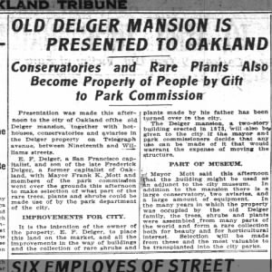 Old Delger Mansion Presented to City - Oakland Tribune July 26, 1911