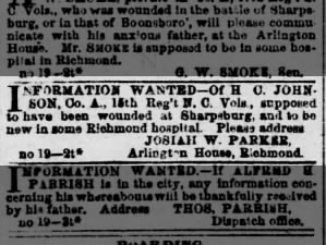 Ad in Virginia newspaper seeks information on man reported wounded at Sharpsburg