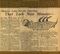 Contemporary humor article on Loch Ness Monster pokes fun at witness statements, descriptions (1933)