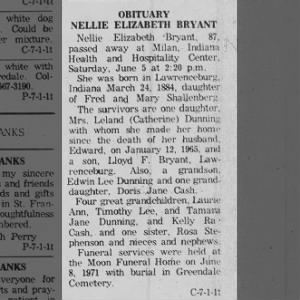 Obituary: Nellie Elizabeth Bryant nee Shallenberg