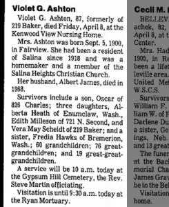 Obituary for Violet O. Ashton (Aged 87)