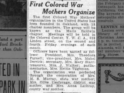 First Colored War Mothers Organize
Maria Baldwin chapter