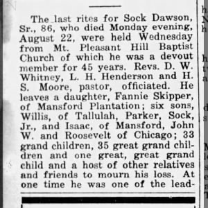 Obituary for Sock Dawson (Aged 86)