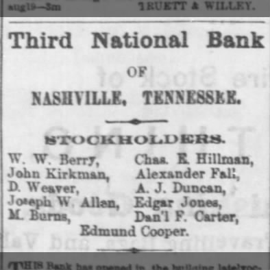 In 1865 A. J. Duncan was a Stockholder of the Third National Bank