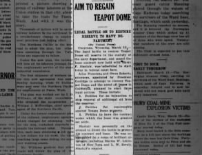 Newspaper article reports that the legal battle over Teapot Dome will soon begin