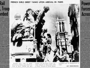 French girls greet American Allied soldiers entering Paris with Notre Dame in background, Aug 1944