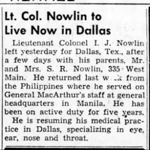 Lt. Col. Nowlin to live in Dallas