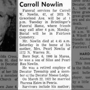 Obituary: Carroll W. Nowlin (Aged 67) part 1