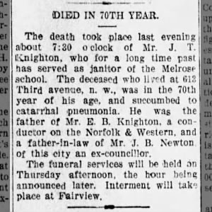 Obituary for J.T. Knighton - 1904 