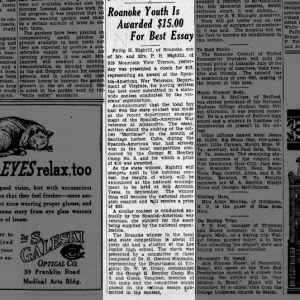 Roanoke youth wins essay contest - 1935 