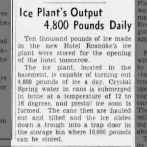Ice Plant provides ice that cools rooms at Hotel Roanoke 