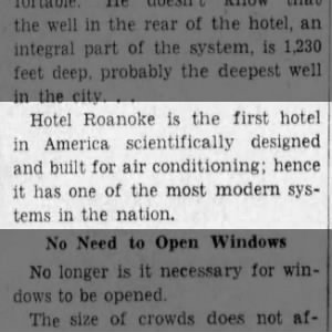 Hotel Roanoke is first hotel in America to have air conditioning 