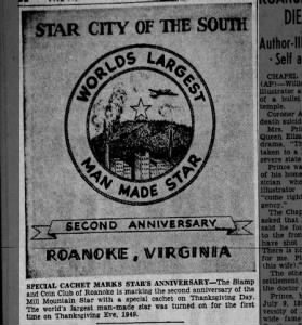 Mill Mountain Star lighted for the first time in 1949